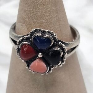 4 Leaf Clover Luck 925 Silver Heart Cluster Ring with Multicolor Stones Sz 5.5